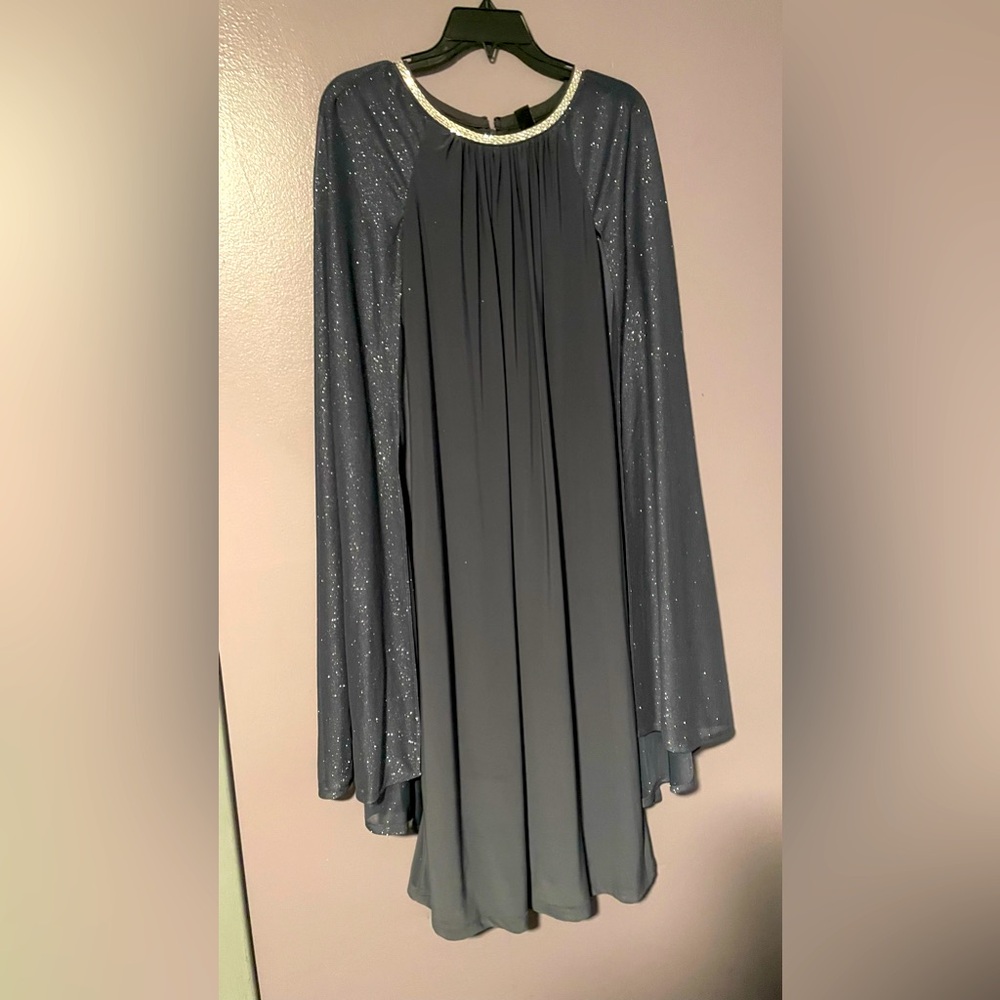 R & M Richard's gray long formal chiffon dress with rhinestone neckline  size 12